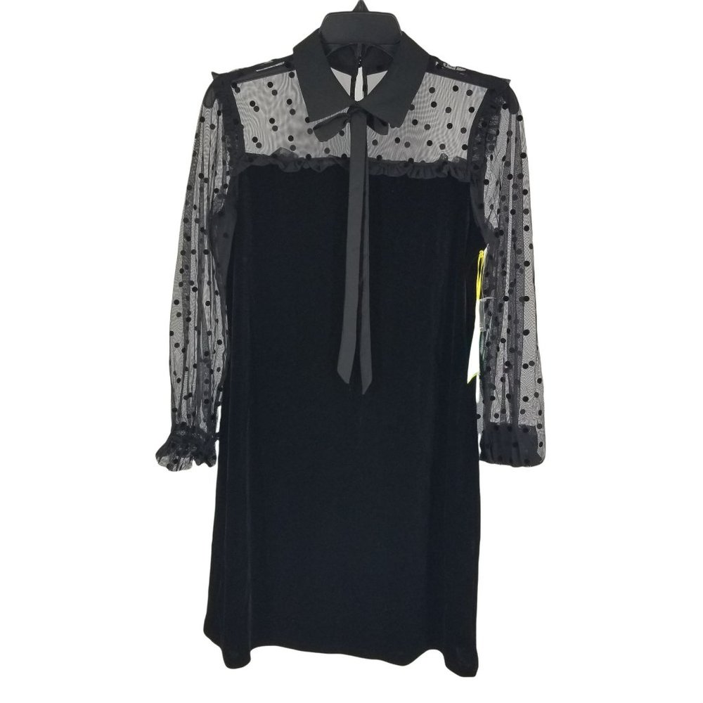 Cece S Small Black Polka Dot Sheer Long Sleeve Collared Mini Dress Goth Chic